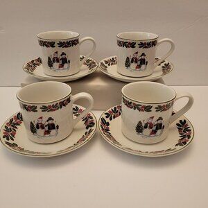 GEI Design Christmas 4 Cups and 4 Saucers with Holly and Snowmen